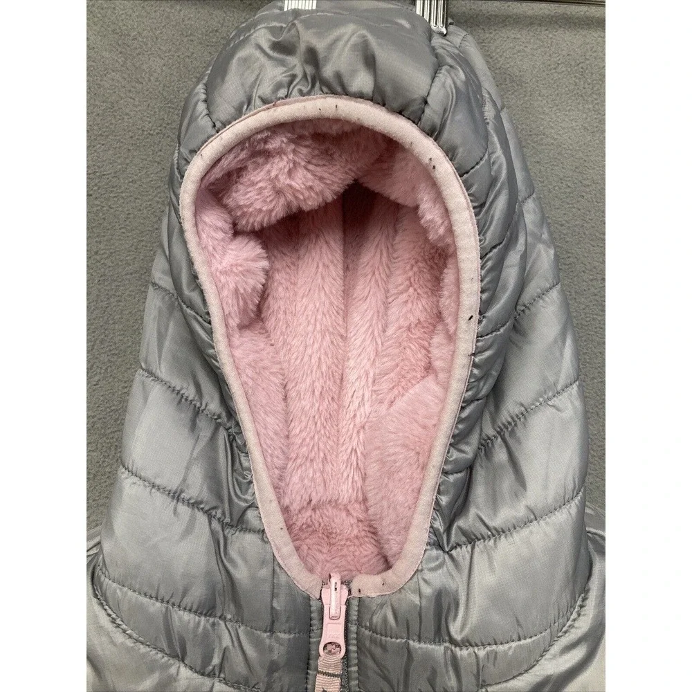 Eddie Bower Puffer Jacket Girls L 14/16 Grey Pink Zip Hooded Warm